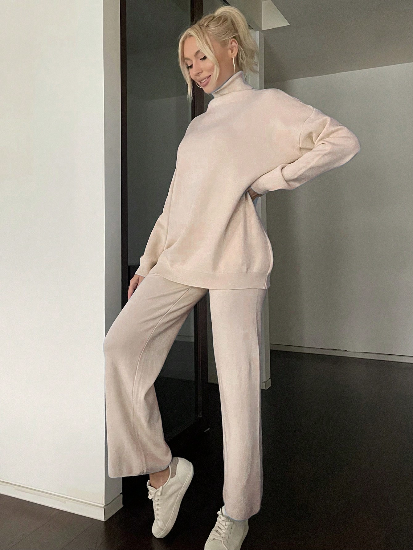 Solid Turtleneck Drop Shoulder Sweater & Knit Pants | SHEIN