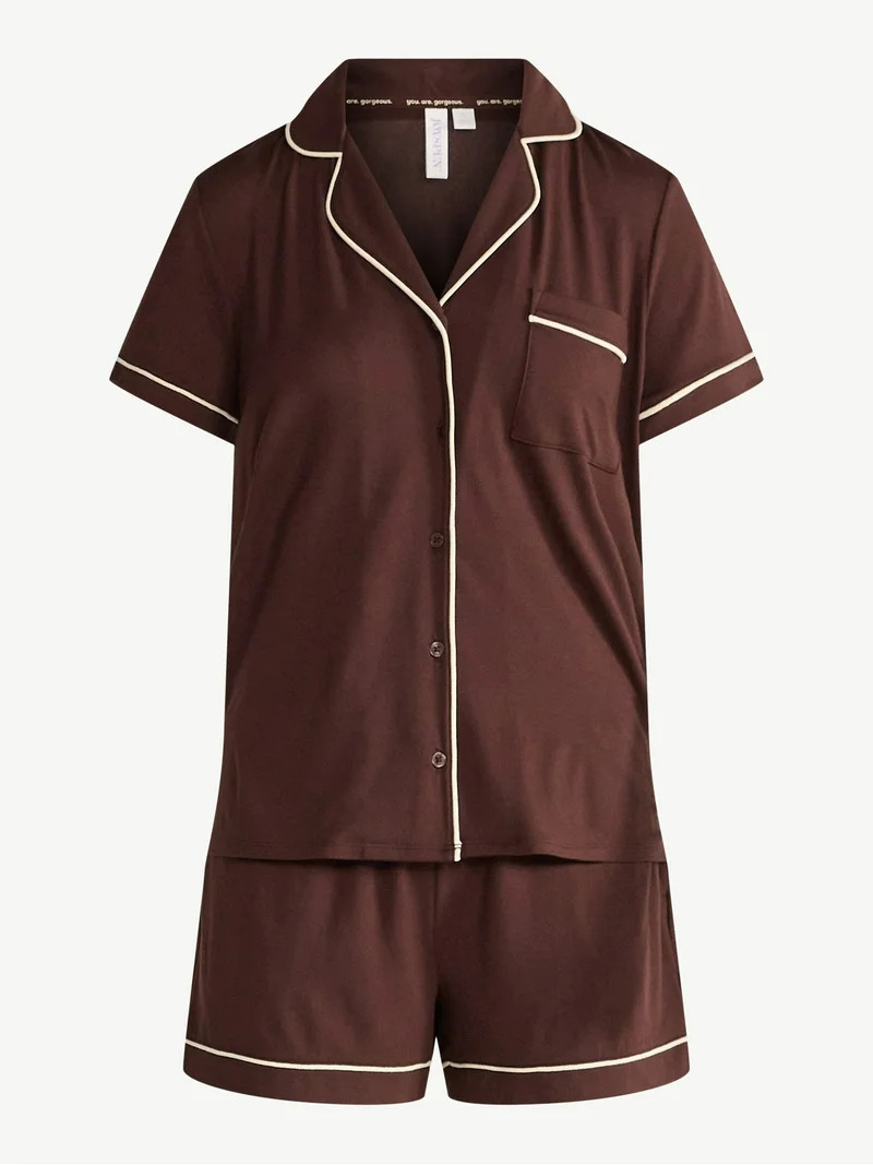 Joyspun Women’s Dreamy Soft Collection Notch Collar Knit Top and Boxer Shorts Pajama Set, Sizes... | Walmart (US)