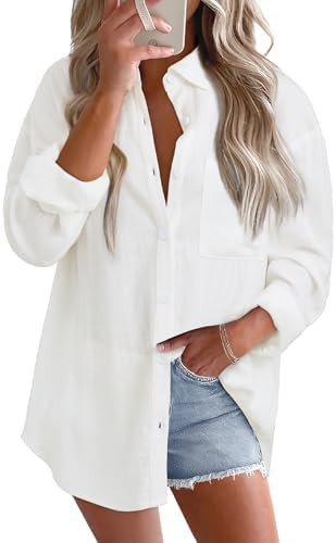Astylish Women 2026 Loose Fit Tops Cotton Linen Button Down Shirts Collared Roll Up Long Sleeve V... | Amazon (US)