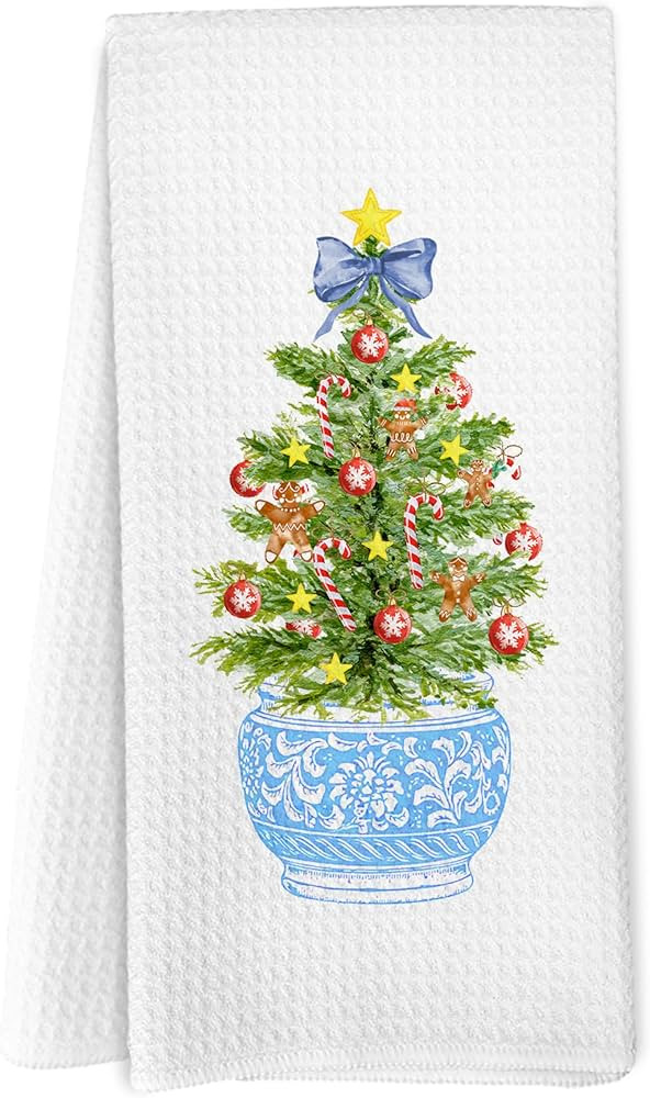 Blue and White Chinoiserie Christmas Kitchen Towels, Coquette Blue Bow Christmas Tree Hand Towels... | Amazon (US)