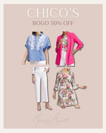 Buy One Get One 50% off at Chicos! 

White pants, floral dress, pink blazer, denim appliqué shirt 

#LTKstyletip #LTKSeasonal #LTKworkwear