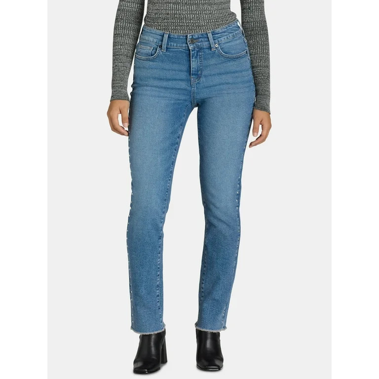 Time and Tru Women's Studded Side Seam Straight Leg Jeans, 30” Inseam, Sizes 2-20 | Walmart (US)