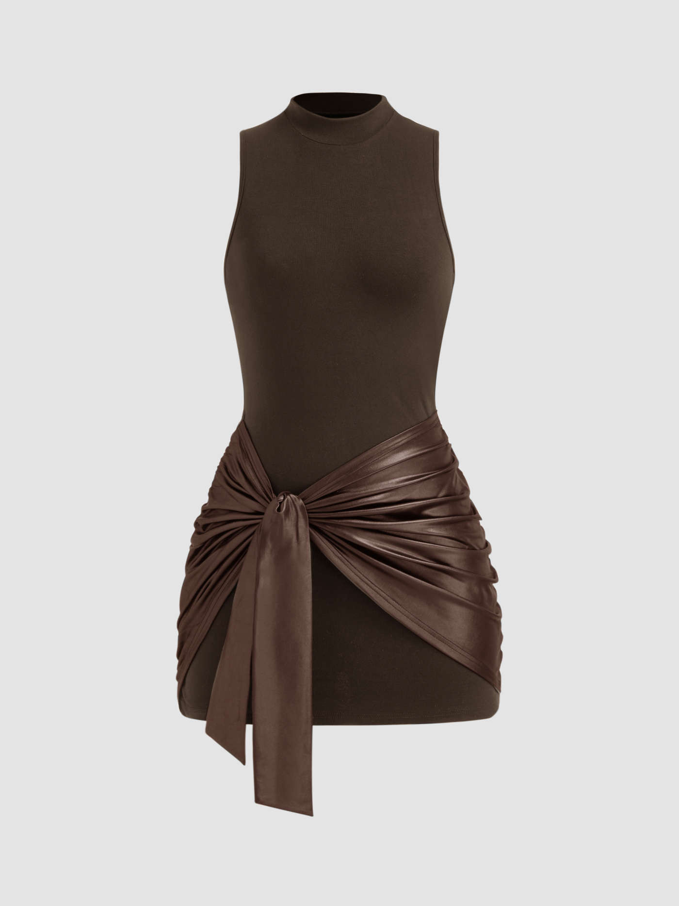 Knit Fabric High Neck Ruched Knotted Mini Dress For Date | Cider