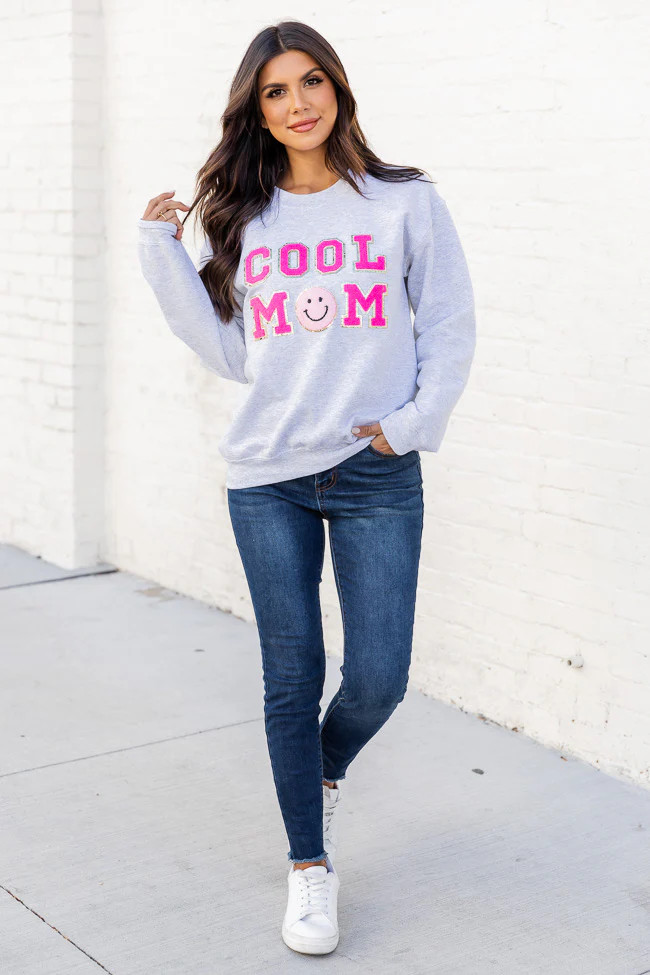 Cool Mom Smiley Ash Chenille Patch Graphic Sweatshirt | Pink Lily