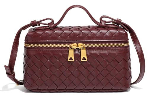 BagChic Woven Cross Body Bags for Women, Leather Square Box Womens Handbag, Adjustable Strap Crossbody Shoulder Bag, Compartment Handbag for Women, Ladies (Burgundy) | Amazon (UK)