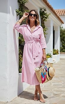 Womens Shirt Dresses Striped Lapel 3/4 Sleeve Maxi Dress Button Down Split Belted | Amazon (US)