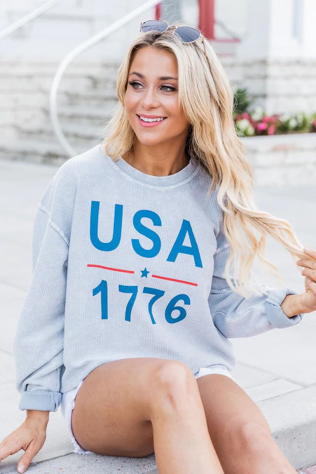 USA 1776 Faded Denim Corded Graphic Sweatshirt | Pink Lily