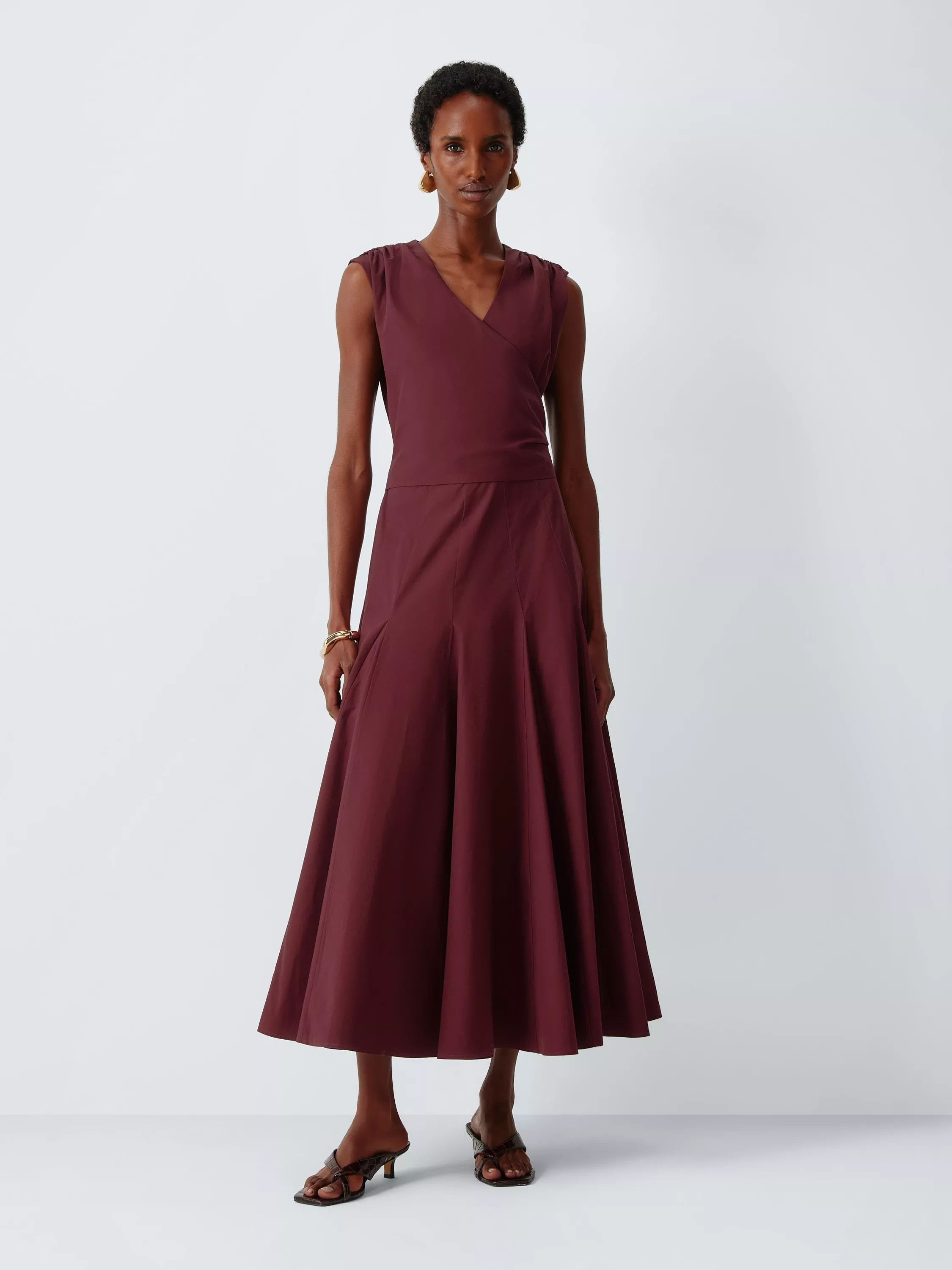 Wrap Front Tie Detail Cotton Midi Dress, Burgundy | John Lewis (UK)