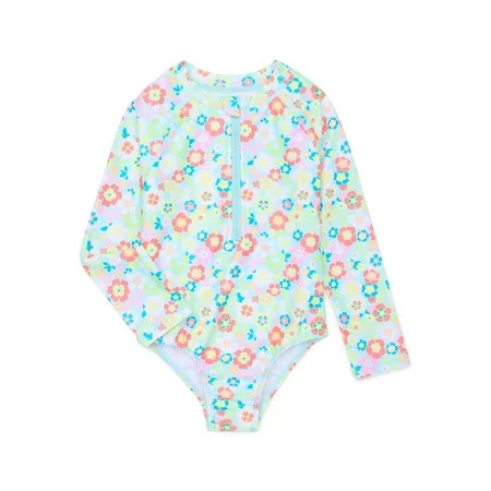 Wonder Nation Long Sleeve Floral Print Baby and Toddler Girls Swimwear One-Piece Swimsuit 12M-5T | Walmart (US)