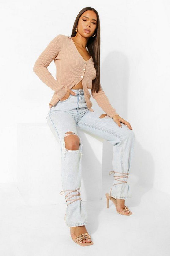 Collar Detail Rib Knit Cardigan | Boohoo.com (US & CA)