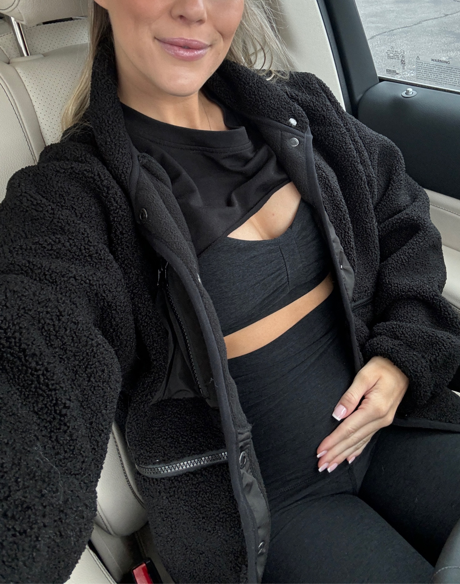 Workout outfit 
Maternity 
Amazon Sherpa coat 
Beyond yoga 
- leggings (size XS) true to size 
- bra (size S) 


#LTKfindsunder100 #LTKbump #LTKfitness