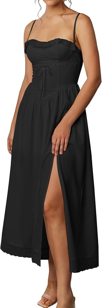 Summer Lace Midi Dress Spaghetti Strap Flowy A Line Slit Swing Dresses Sundresses for Women 2024 ... | Amazon (US)