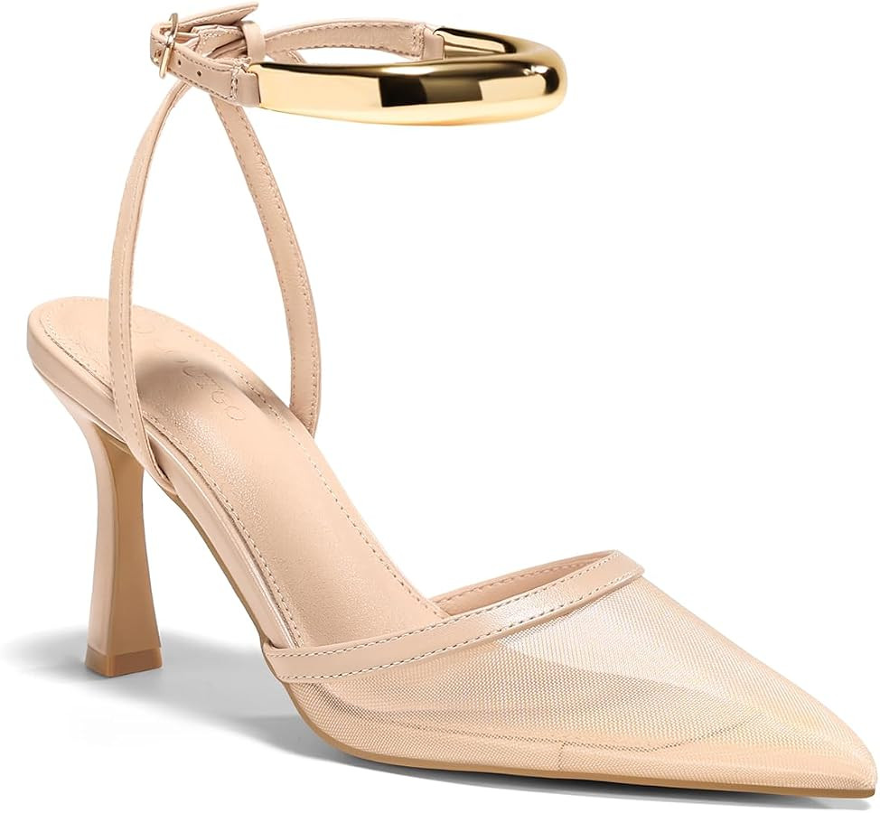 Coutgo Womens Strappy High Heels Closed Pointed Toe Pumps Ankle Strap Metal Party Dress Shoes | Amazon (US)