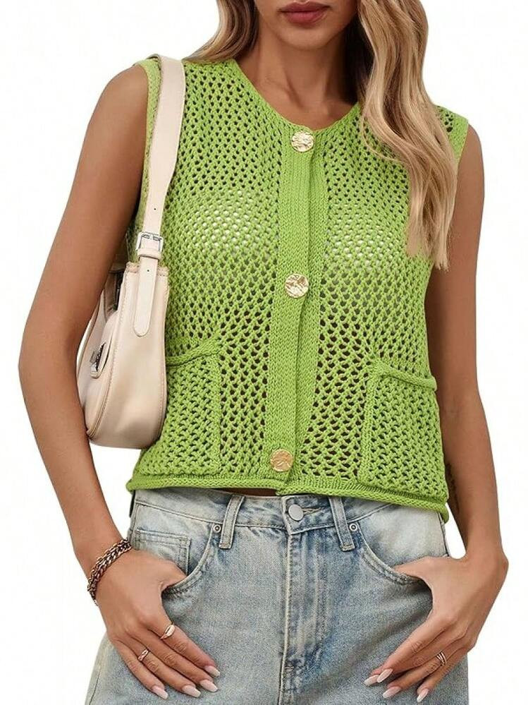 Saodimallsu Womens Crochet Sweater Vest Button Down Sleeveless Crew Neck Boho Knit Crop Tank Tops... | SHEIN