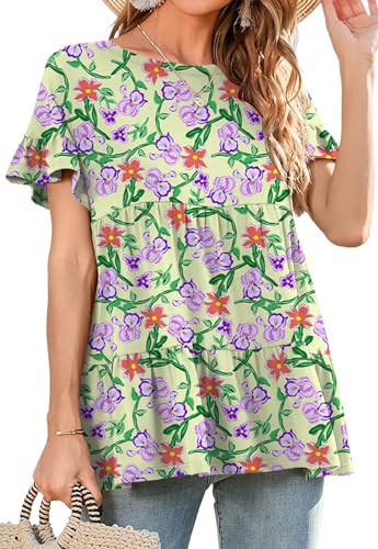 Neineiwu Women's Loose Ruffle Hem Short Sleeve Summer Casual Flowy Blouse Top (Large, YH Purple Green Leaf) | Amazon (US)