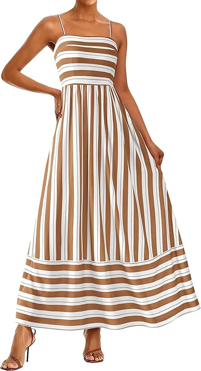 PRETTYGARDEN Women Summer Maxi Dresses 2026 Spaghetti Strap Boho Floral Striped Wedding Guest Bea... | Amazon (US)