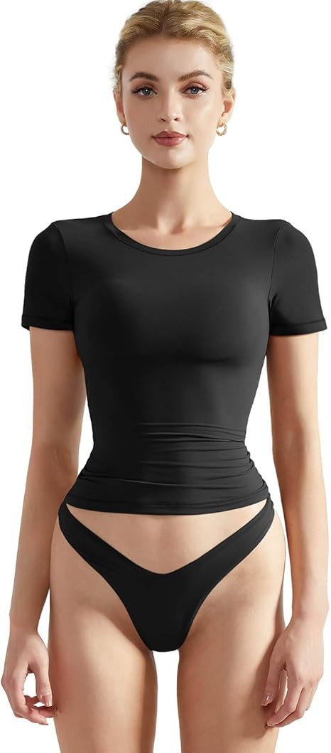 SUUKSESS Women Double Lined Fitted Basic Tee Crew Neck Short Sleeve Y2K Crop Top | Amazon (US)