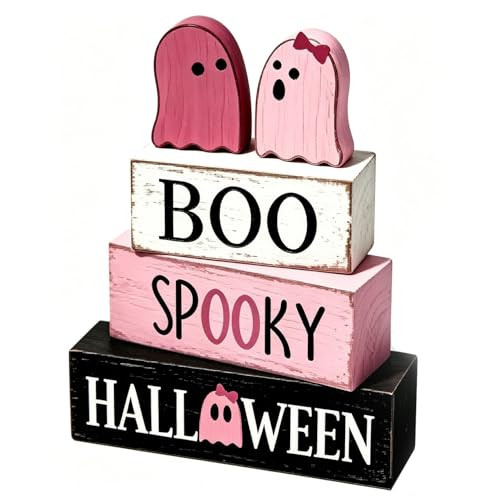 5 Pcs Pink Halloween Decor Indoor Cute Ghost Table Decorations Wooden Blocks Signs Farmhouse Rustic Boo Tiered Tray Decor Spooky Halloween Tabletop Centerpiece for Home Kitchen Shelf Office Mantel | Amazon (US)