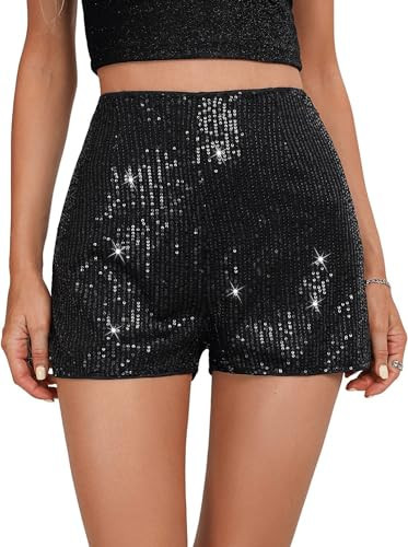 UOIGHF Women's Sequins Shorts Elastic Waist Sparkly Straight Leg Shorts Glitter Party Shorts Hot Pants Party Black(A2316-Black-M | Amazon (US)