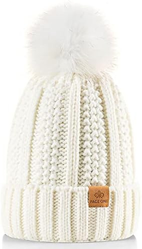 PAGE ONE Womens Winter Thick Cable Knit Beanie Faux Fur Pom Hat Fleece Lined Skull Cap | Amazon (US)