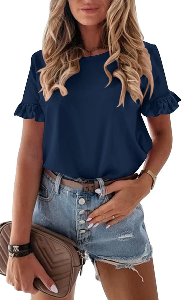 PRETTYGARDEN Women's Short Sleeve Casual T Shirts Summer Ruffle Plain Round Neck Loose Fit Tee Bl... | Amazon (US)