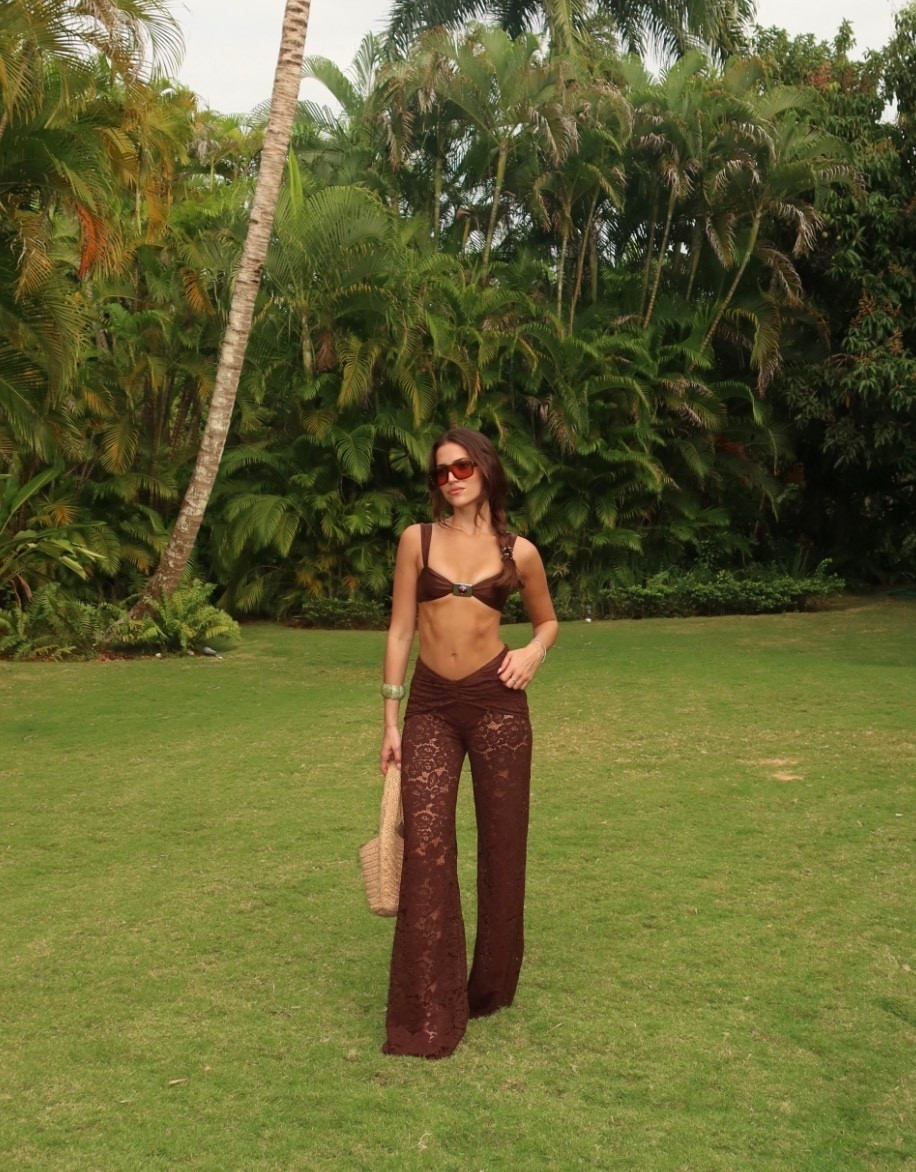Chocolate moment 🤎 Wearing my fave bikini from SAME with lace coverup pants + Vehla aviators. 

Resort wear, vacation outfits, beach, swimwear.

 

#LTKSeasonal #LTKSwim #LTKootd