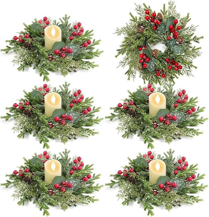 6Pcs Flocked Christmas Candle Rings Wreaths,10"x3.5"Small Christmas Wreath with Snowy Pinecone&Re... | Amazon (US)