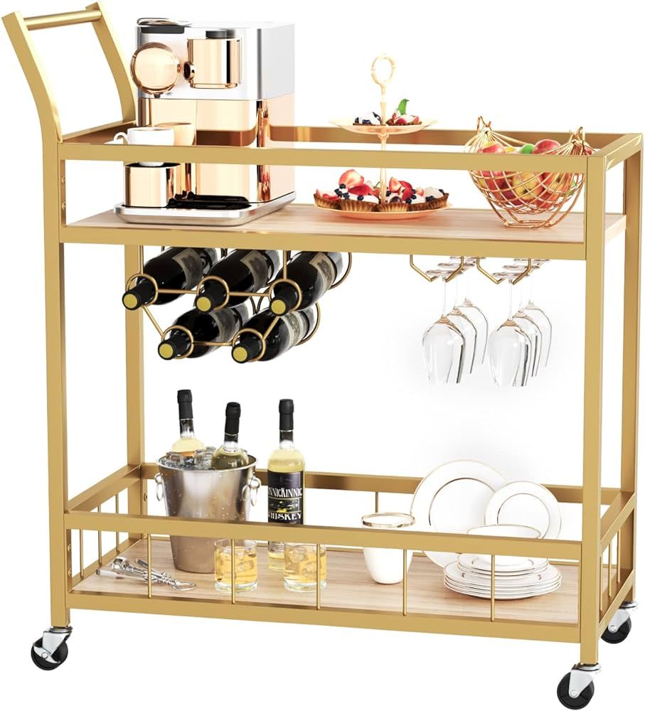 Furmax Home Industrial Serving Mobile Bar Cart on Wheels with Wine Rack and Glass Holder 2 Wood S... | Amazon (US)