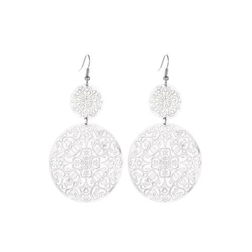 coadipress Boho Filigree Hollow Out Geometric Dangle Drop Earrings for Women Retro Double Round Disc Statement Metallic Cutout Metal Flower Large Earrings Ethnic Style Jewelry Gifts (Silver) | Amazon (US)