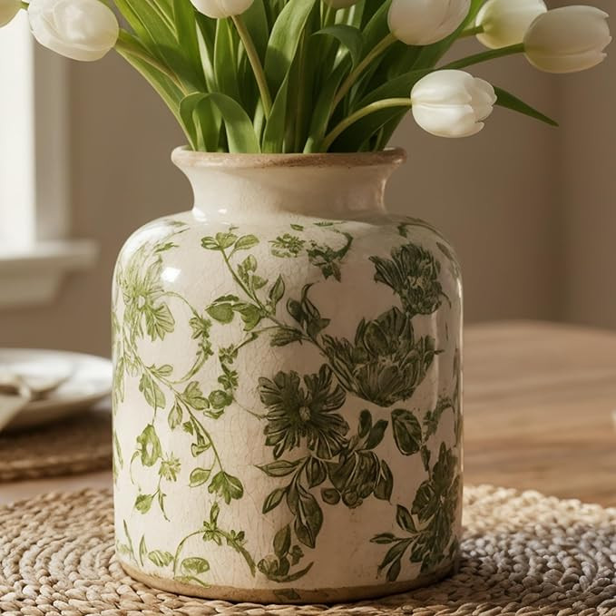 Vintage Green Crackle Glaze Ceramic Flower Vase, 6” Small Rustic Pottery-Style Decorative Vase ... | Amazon (US)