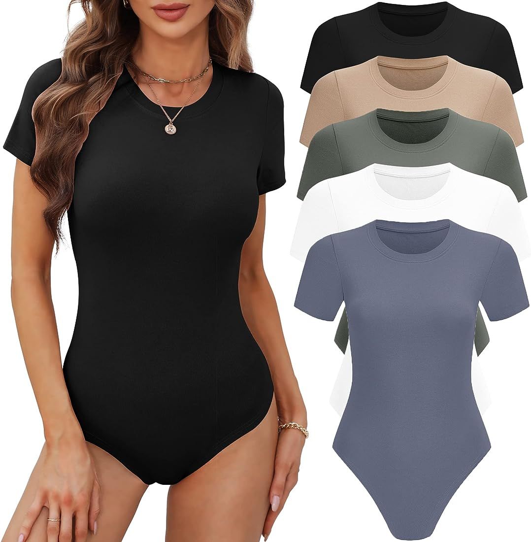 BALENNZ Women's 4/5 Pack Short Sleeve Round Neck Bodysuit Tops Crew Neck Basic Casual Tshirt Body... | Amazon (US)