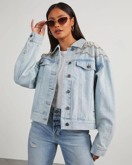 Delanie Pearl & Rhinestone Denim Jacket | VICI
