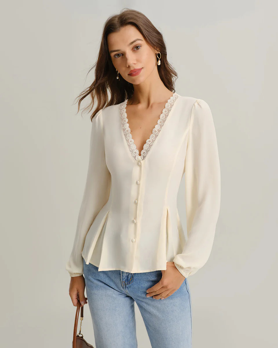 Apricot V Neck Lace Lantern Sleeve Blouse & Reviews - Apricot - Tops | RIHOAS | rihoas.com
