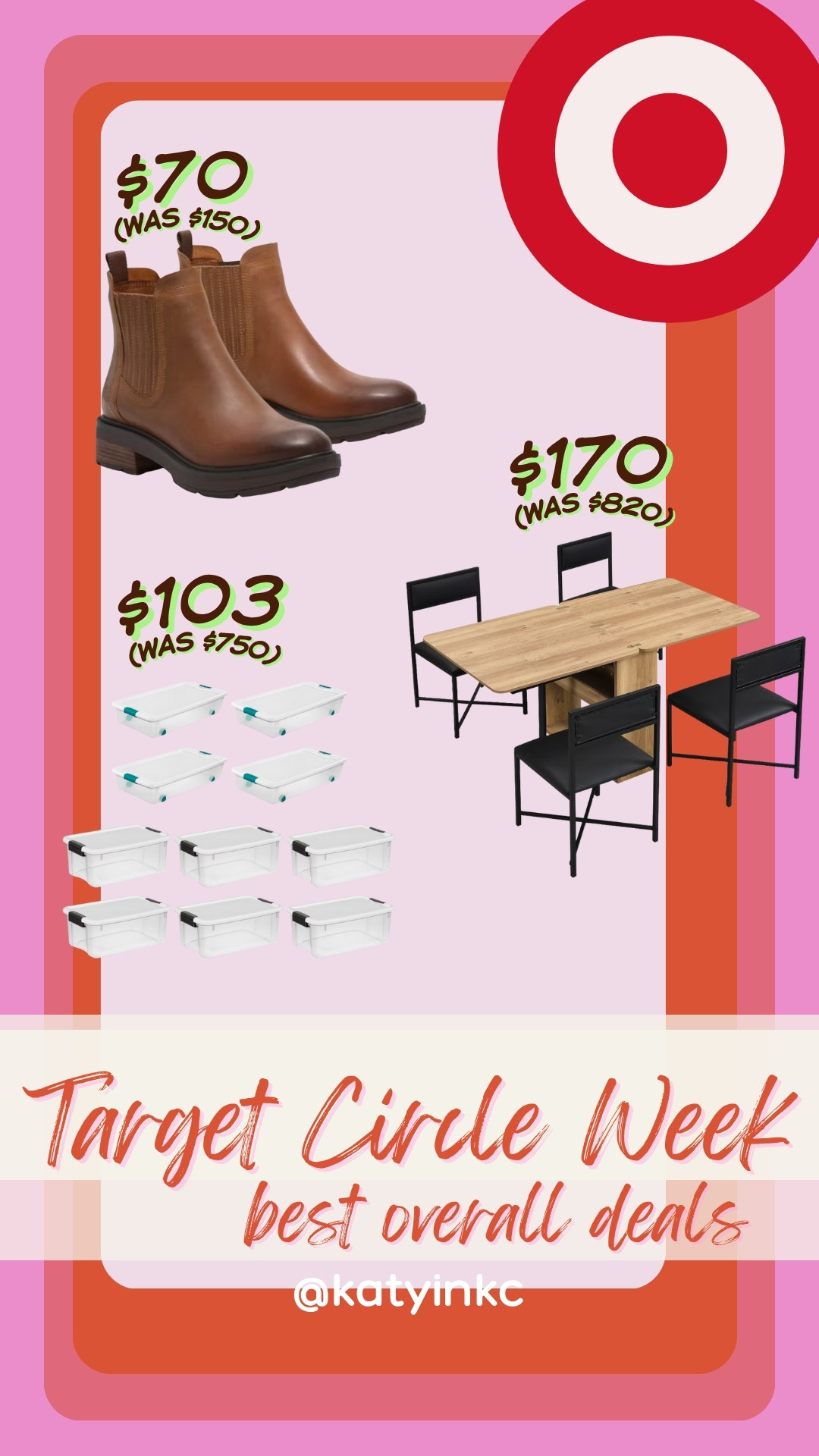 ✨ TARGET CIRCLE WEEK = INSANE DEALS ✨
I can’t believe these markdowns 👀:

👢 Timberland Brimfield boots → now $70 (were $150!)
🍽️ Indoor dining set → now $170 (was $820 🤯)
📦 Sterilite storage containers → now $103 (was $750!)

These are some of the best overall Target Circle Week deals I’ve spotted—don’t sleep on these prices because they’ll disappear when the sale ends Oct 9.

Tap to shop directly & snag them while they last 🔗 #TargetFinds#TargetCircleWeek #TargetDeals #TargetSale #TargetFinds #TargetStyle #TargetObsessed #TargetRun #TargetAddict #SaleAlert #DealHunters #FallDeals #TargetShopping #BudgetFriendly #HomeDeals #BootSeason #KitchenDeals #StorageSolutions #ShopWithMe 

 #LTKSeasonal #LTKHome #LTKSaleAlert