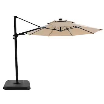 allen + roth 11-ft Tan Solar Powered Crank Offset Patio Umbrella with Base | Lowe's