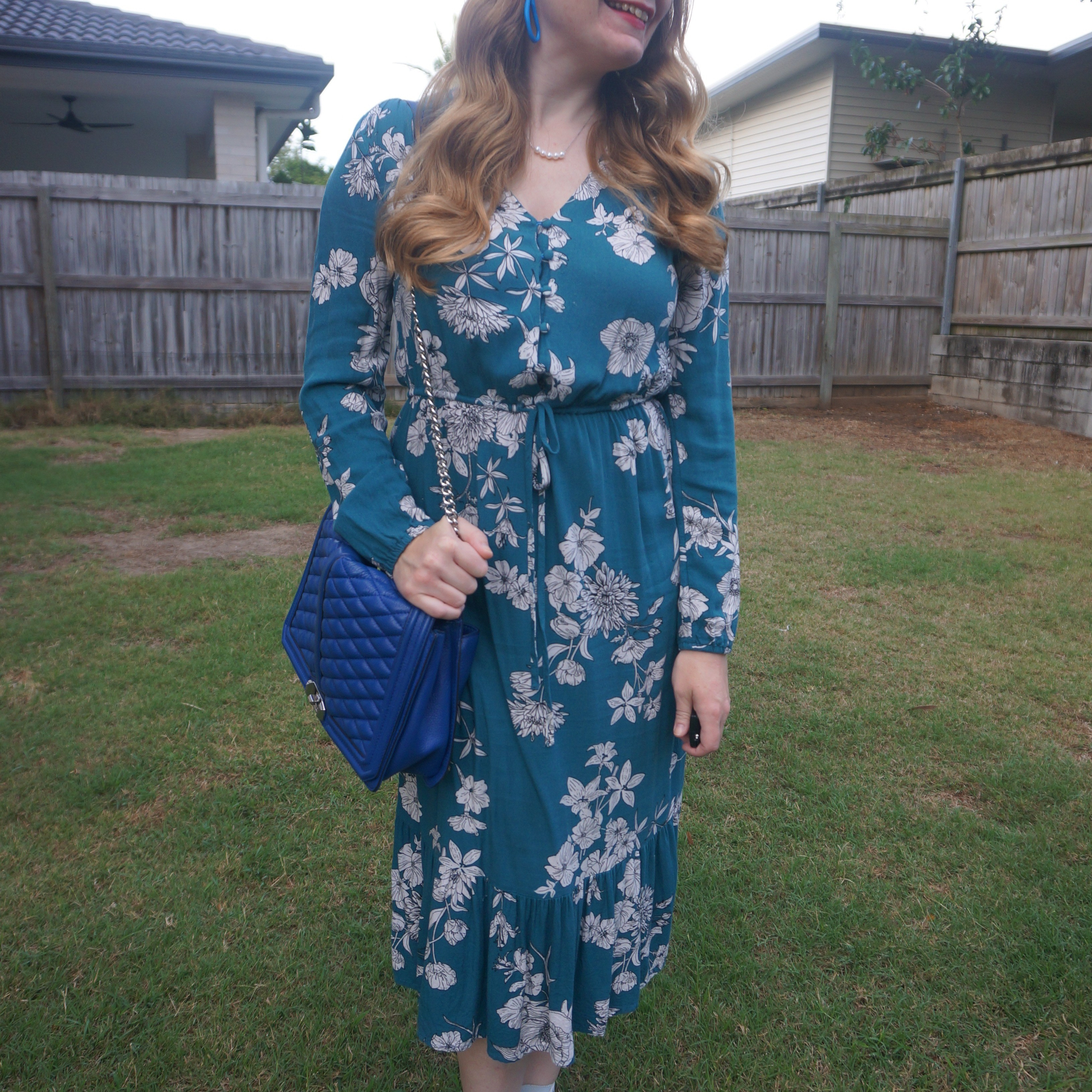 Kmart teal floral midi dress with cobalt blue Rebecca Minkoff Jumbo Love bag 💙💚

#LTKbag #LTKworkwear #LTKaustralia