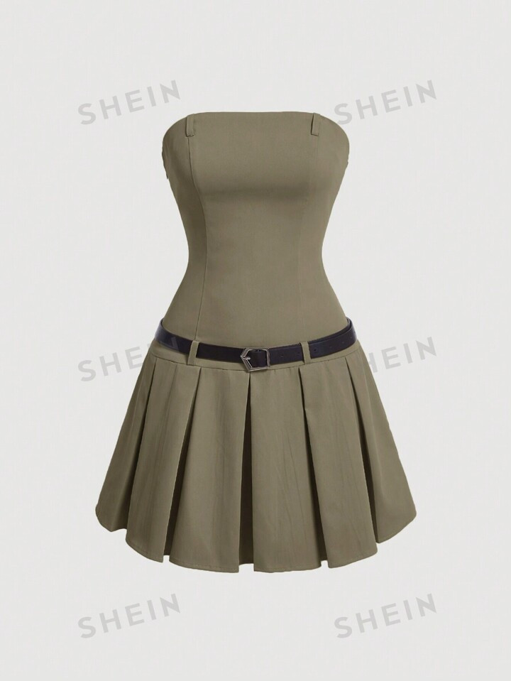 SHEIN MOD Vrouwen Effen kleur Zonder bandjes Geplooide zoom Jurken | SHEIN