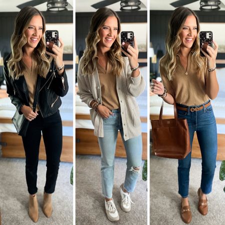 Fall Capsule Wardrobe 

Top - small
Black jeans - 26 long
Linking similar moto jacket (same brand and I wear a medium)
Cardigan - medium 
Light wash jeans - 26 long 
Dark wash jeans - 26 long 
All shoes are tts but linking similar sneakers 

#LTKFind #LTKunder100 #LTKstyletip