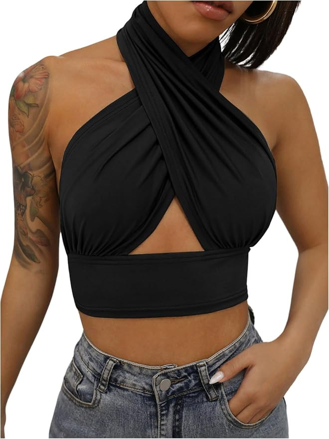 SweatyRocks Women's Criss Cross Ruched Crop Halter Top Cut Out Open Back Fitted Night Out Tops | Amazon (US)