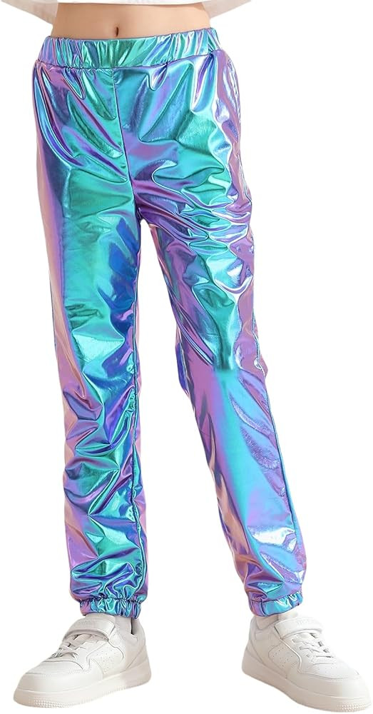 LUCKYGAL Girls Metallic Pants Holographic Shiny Sparkly Stretchy Jogger Pants Loose Hip Hop Wear | Amazon (US)