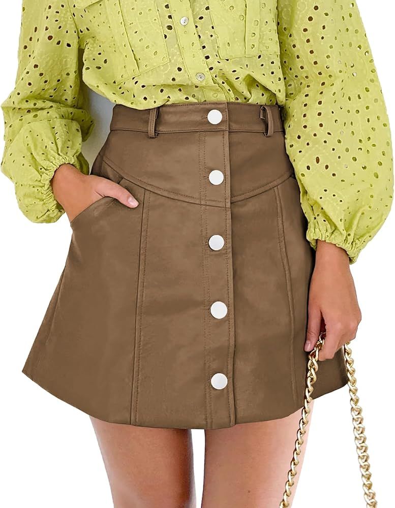 FRTROIN Women Faux Leather Skirt Trendy A-line High Waist Black Mini Skirt with Button & Pocket | Amazon (US)