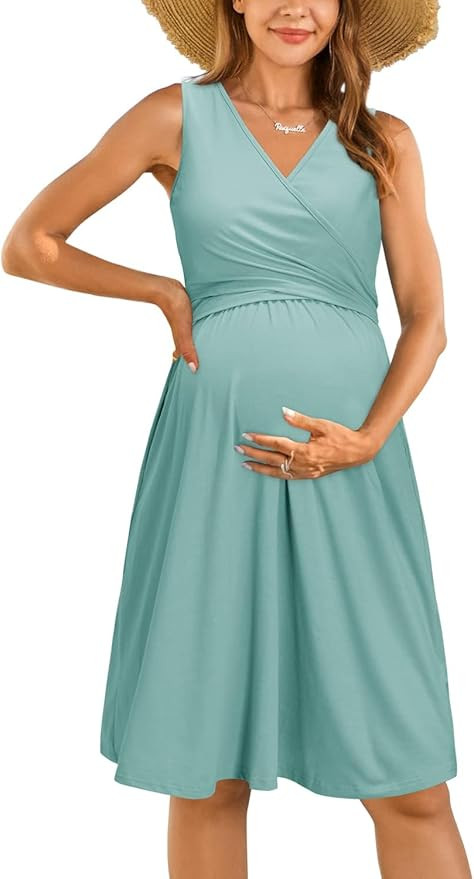 OUGES Womens 2025 V-Neck Maternity Dresses Nursing Breastfeeding Baby Shower Dress | Amazon (US)