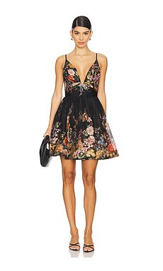 Zimmermann Pavilion V Neck Mini Dress in Black Multi Floral from Revolve.com | Revolve Clothing (Global)