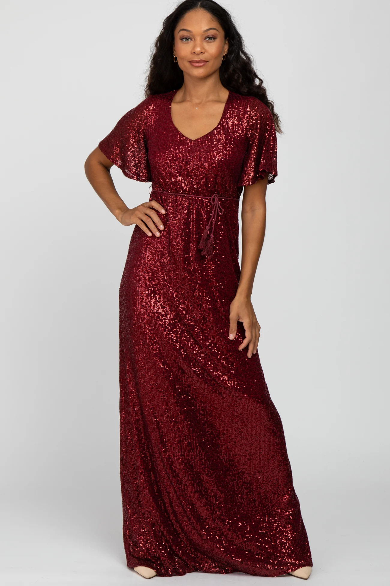 Burgundy Sequin Short Sleeve Maxi Dress | PinkBlush Maternity