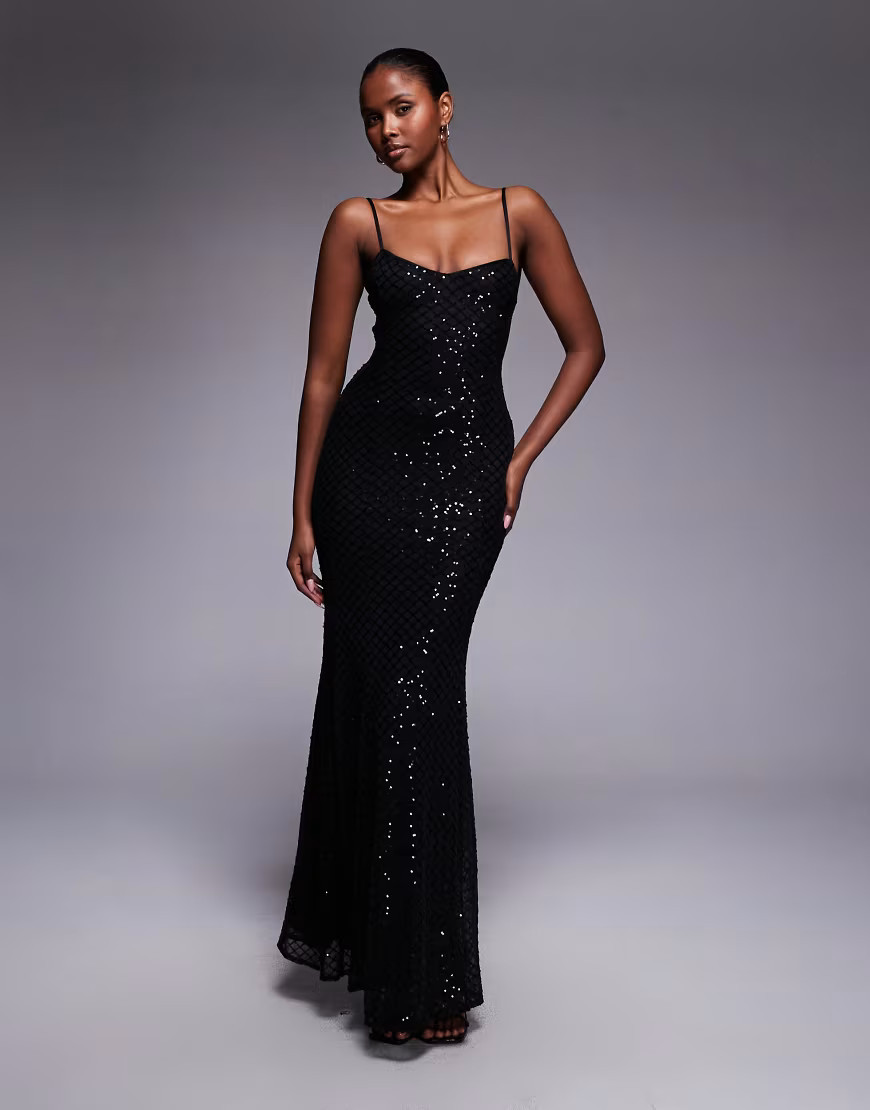 ASOS DESIGN embellished grid sequin lace up back maxi dress in black-Brown | ASOS (Global)