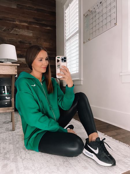 Spring athleisure outfit ideas, comfortable and stylish weekend outfit ideas, how to style faux leather leggings, oversized sweatshirts, wearing size S in hoodie 

#LTKstyletip #LTKFind #LTKshoecrush