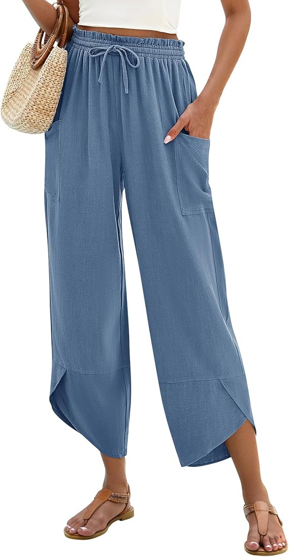 LOMON Women Linen Palazzo Pants Boho Wide Leg Elastic Waisted Casual Capri Pant Summer Harem Loun... | Amazon (US)