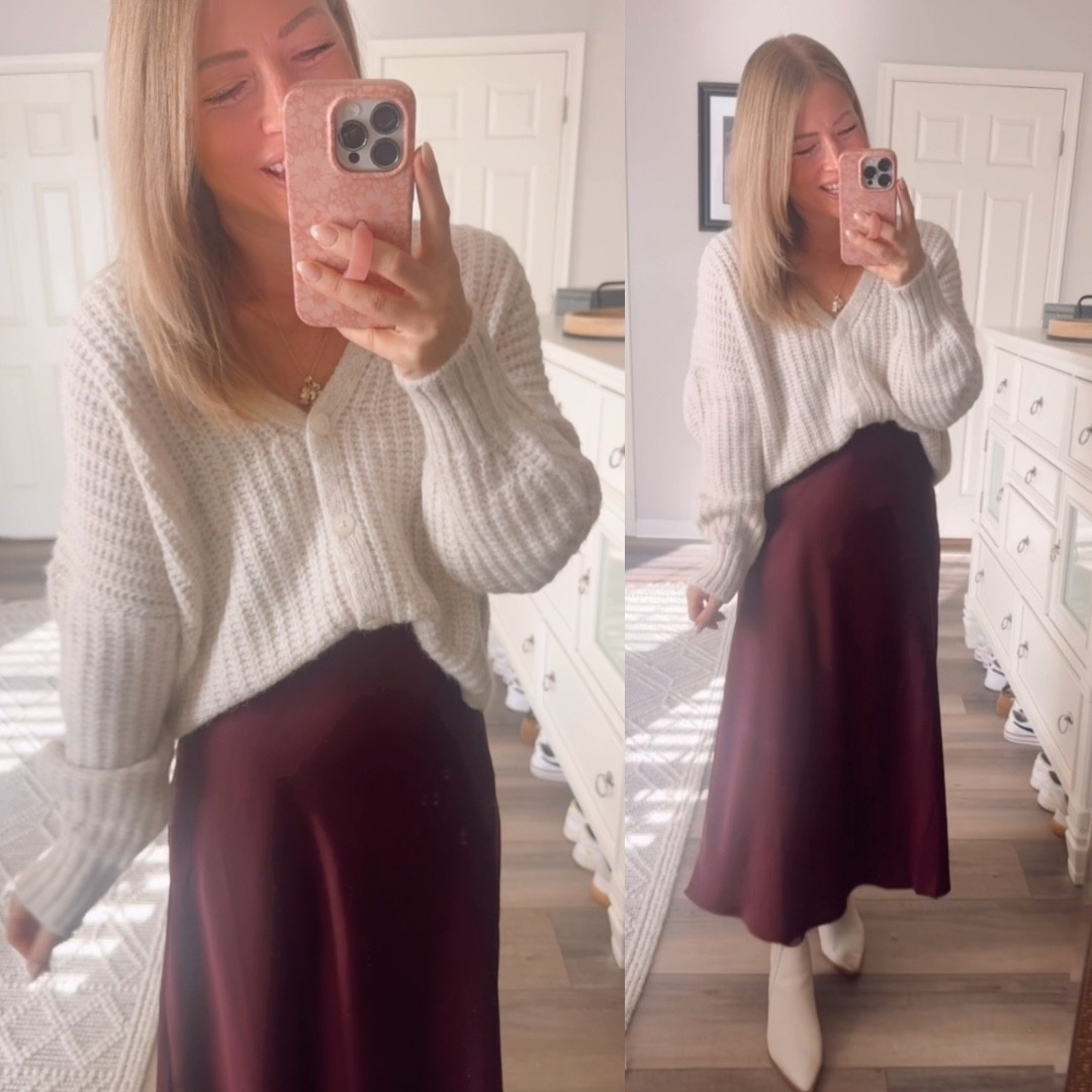 So pretty for thanksgiving or Christmas dinner! Size down 1 in this skirt 

Cardigan is true to size with an oversized comfy fit I love it!

Old navy 

#LTKHoliday #LTKFindsUnder50 #LTKootd