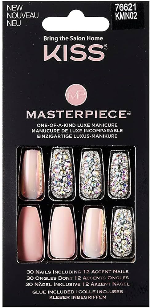 KISS Masterpiece One-Of-A-Kind Luxe Manicure, Premium Acrylic Fake Nails with Pink Gel Nail Glue,... | Amazon (US)