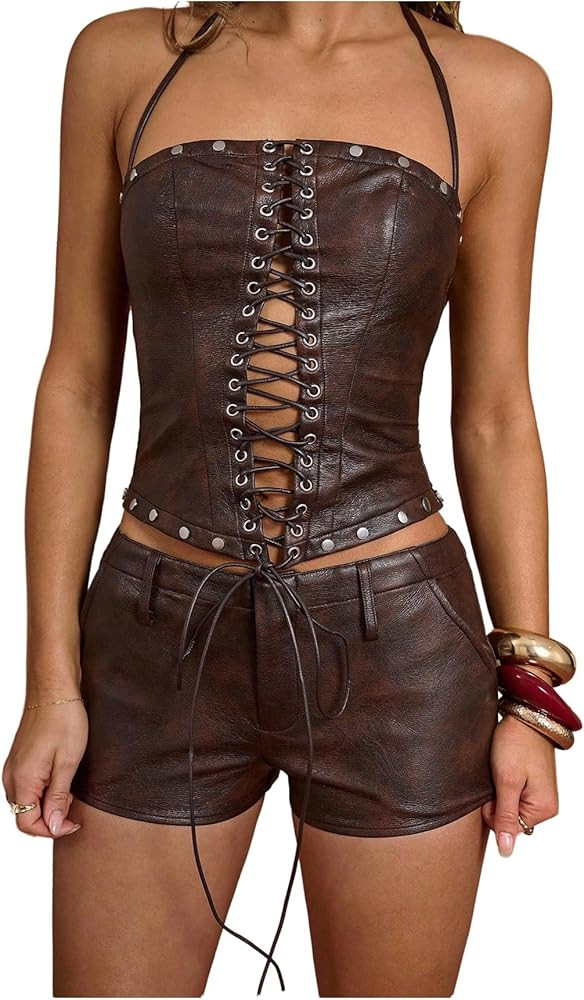 WDIRARA Women's PU Leather Lace Up Halter Top Vintage Western Sleeveless Backless Camisole Tops | Amazon (US)